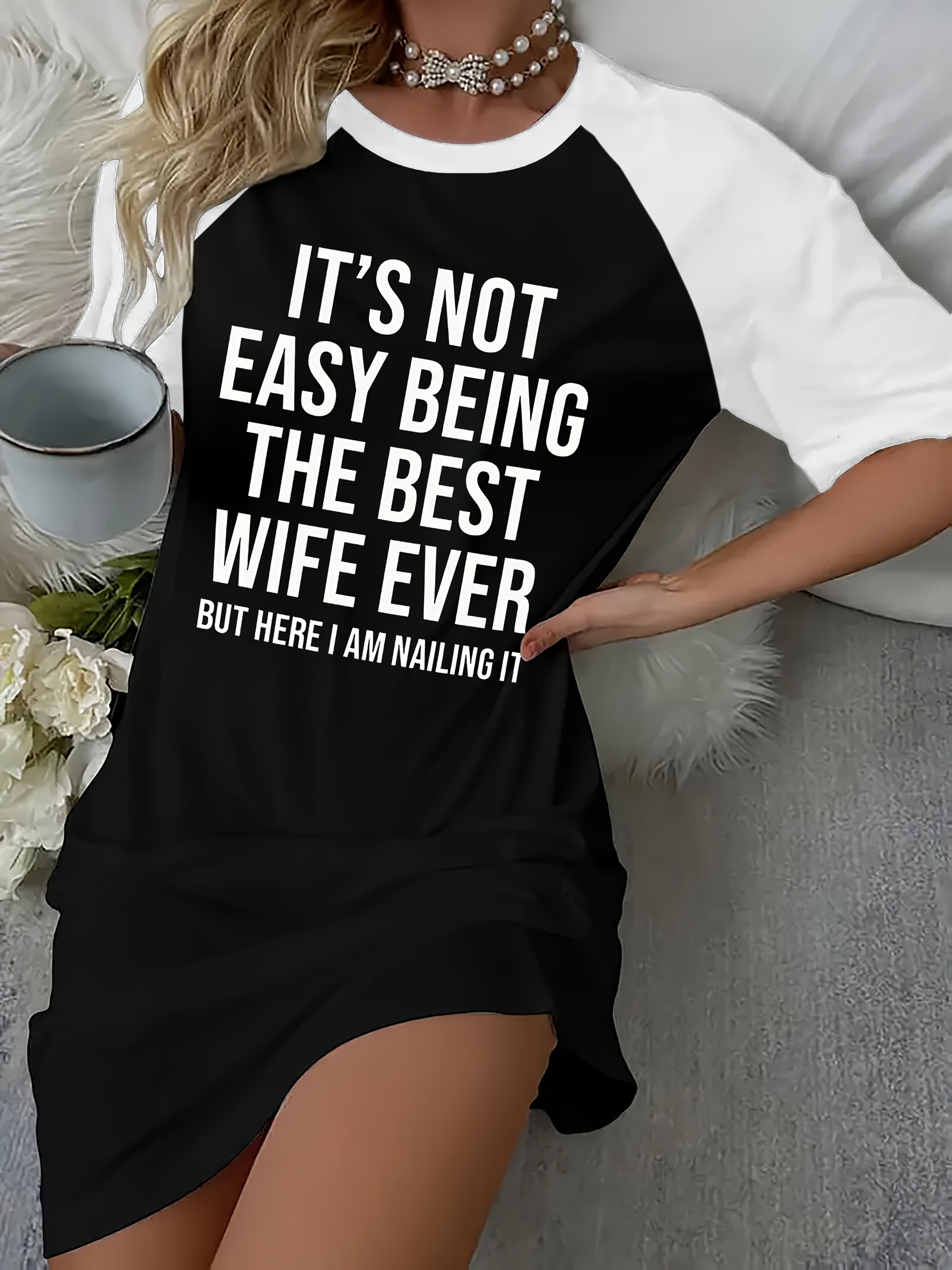 Hot Letter Printing Long Edition T-Shirt Sleeve Color Contrast Design Dress Black And White Color Printing - Image 8