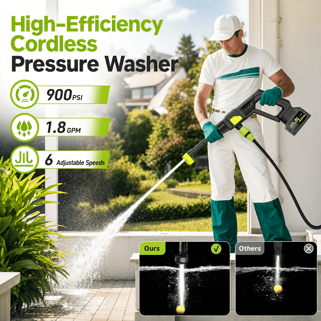 Cordless Pressure Washer Water Gun 1200 PSI | 30 Speed Levels 6-in-1 Nozzle | 7.32m High-Elastic Hose Handheld Rechargeable Lithium Battery - Image 7