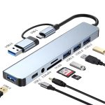 8-in-1 Hub, USB & Type-C Port, Multi-Functional Docking Station with USB 3.0 + USB-C + SD/TF + 3.5mm Audio, Supports Smooth Multi-Port Collaboration, Suitable for Video and Audio Output from Phones, Tablets, Computers, Etc