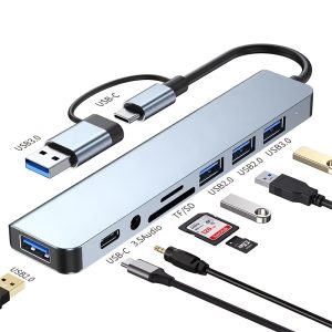 8-in-1 Hub, USB & Type-C Port, Multi-Functional Docking Station with USB 3.0 + USB-C + SD/TF + 3.5mm Audio, Supports Smooth Multi-Port Collaboration, Suitable for Video and Audio Output from Phones, Tablets, Computers, Etc