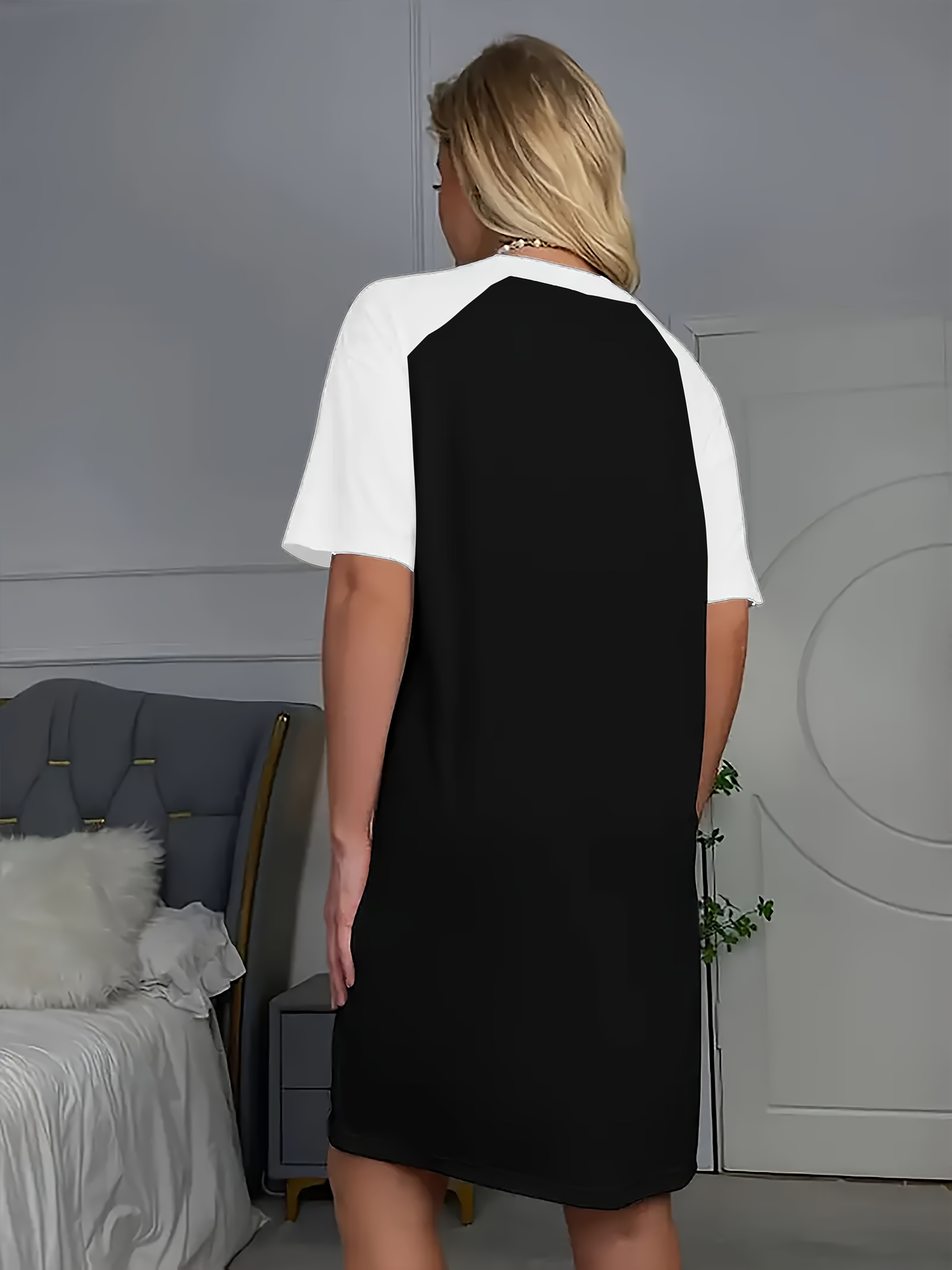 Hot Letter Printing Long Edition T-Shirt Sleeve Color Contrast Design Dress Black And White Color Printing - Image 5