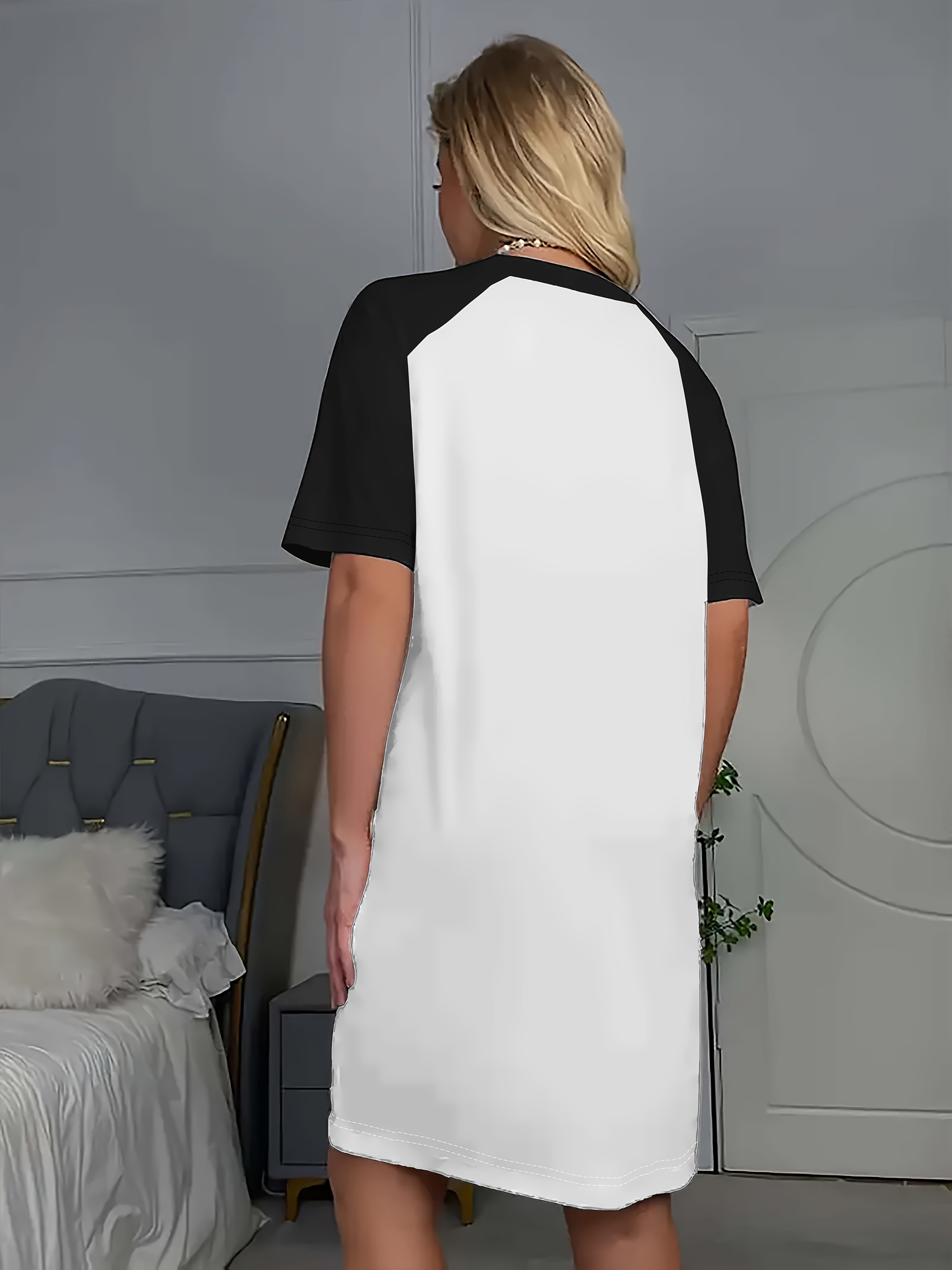 Hot Letter Printing Long Edition T-Shirt Sleeve Color Contrast Design Dress Black And White Color Printing - Image 7