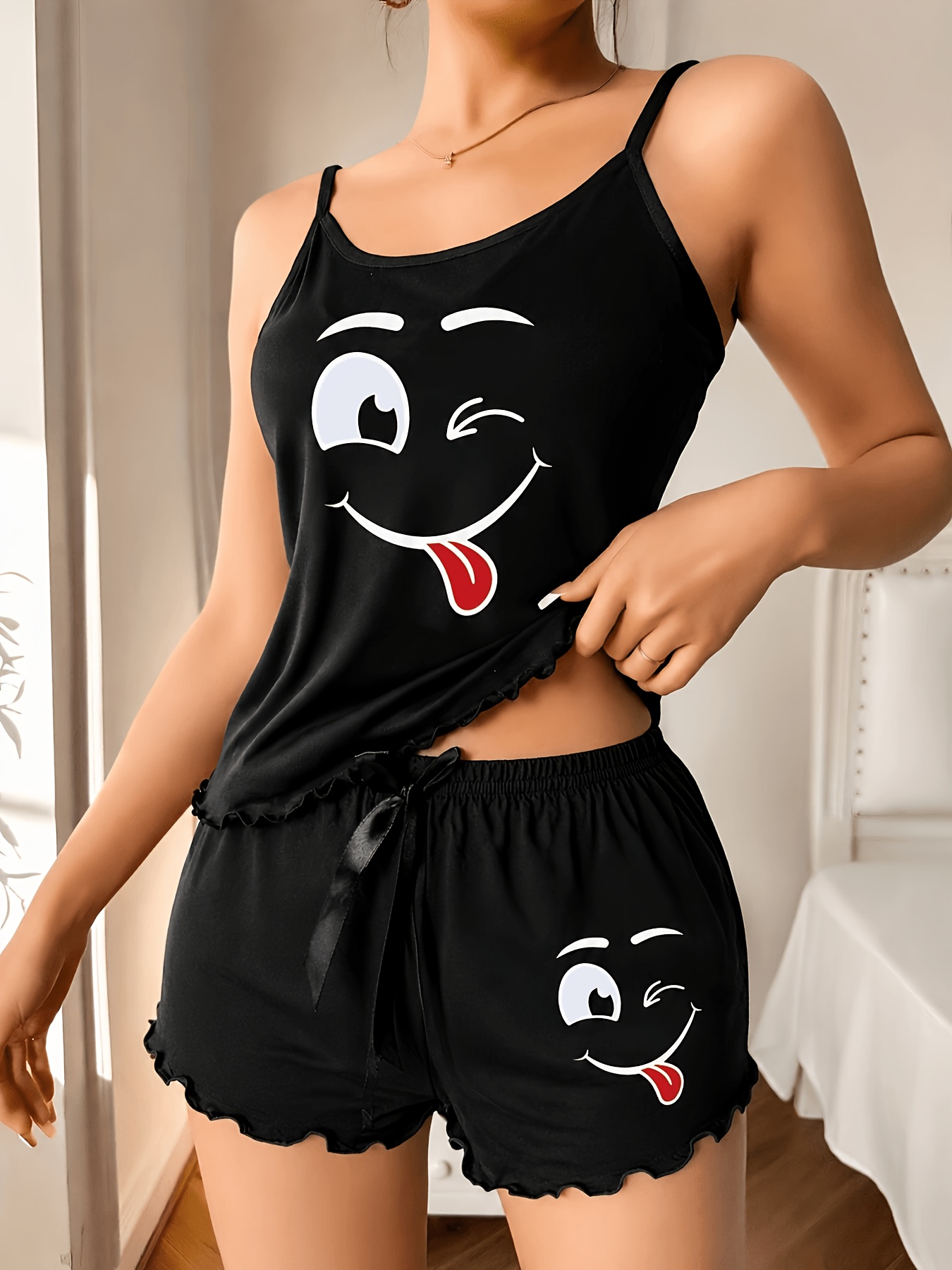 Women'S 2pcs Pajama Set, Smiling Face Theme Camisole Dress Set, Loose Comfortable Shoulder Strap Top, Elastic Fitted Ruffled Shorts, Essential for Spring And Summer Home Wear, Comfortable for All Seasons, Suitable for Home And Gifting - Image 6