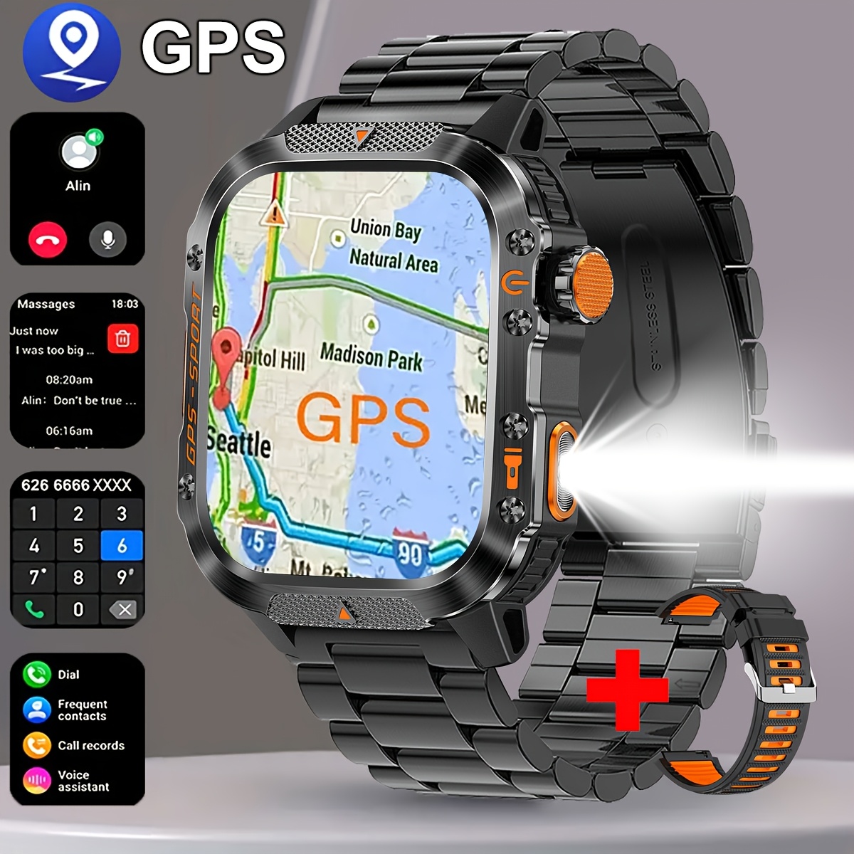 COANR New GPS Smart Watch for Men, 5.11cm Rugged Outdoor Sports Smartwatch with Wireless Call & Smart Notifications, Dual-Band GPS, Compass, LED Flashlight, 3ATM, Compatible with Iphone And Android - Image 5