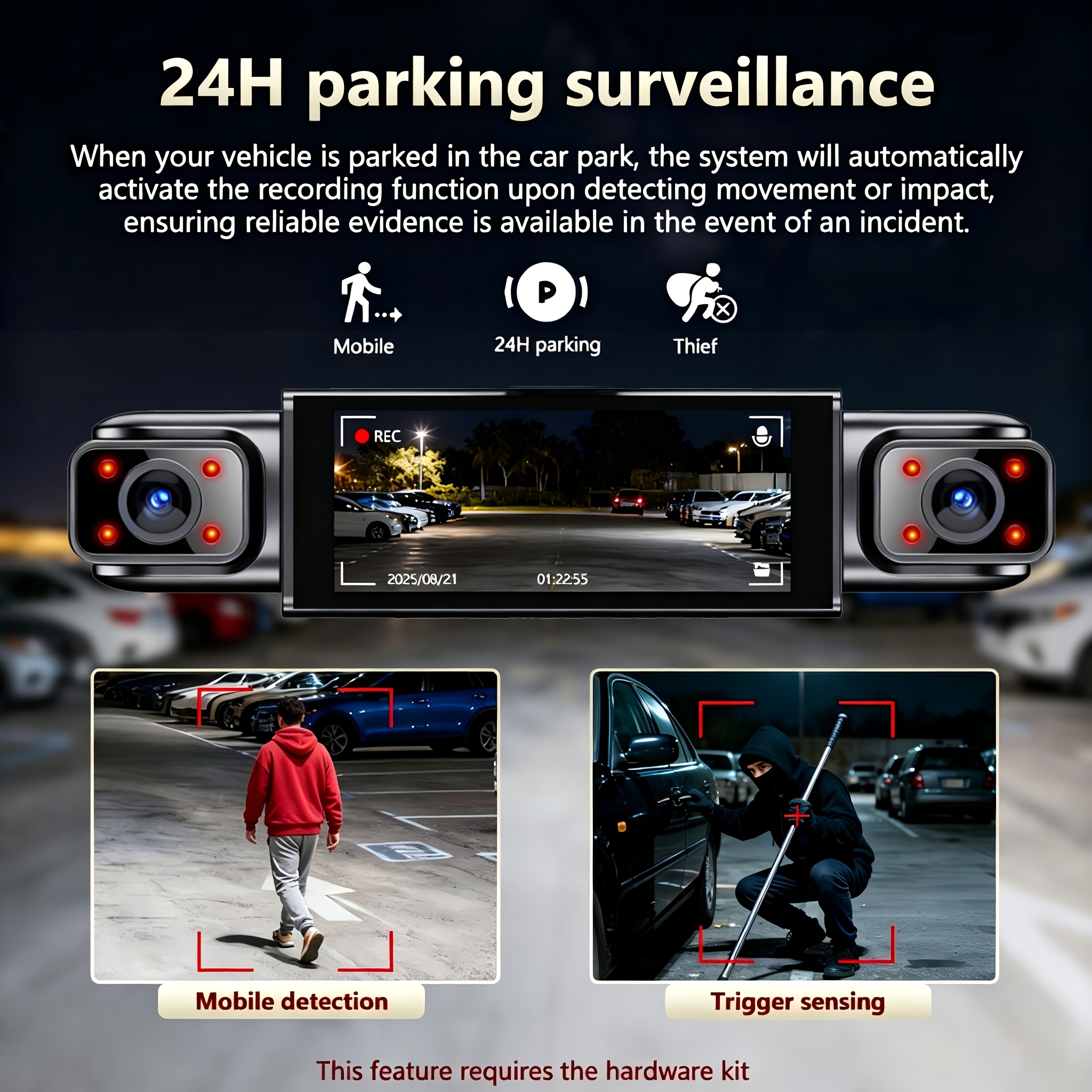 ETYMOOFOX 4-Channel Dash Cam for Cars with 3” IPS Screen, 1080P Front & 720P Rear/Driver/Side Cameras, Night Vision, Loop Recording, Parking Monitor System, Hardwire Kit Required Suitable for Vehicle Surveillance, Dashcam Accessories - Image 7