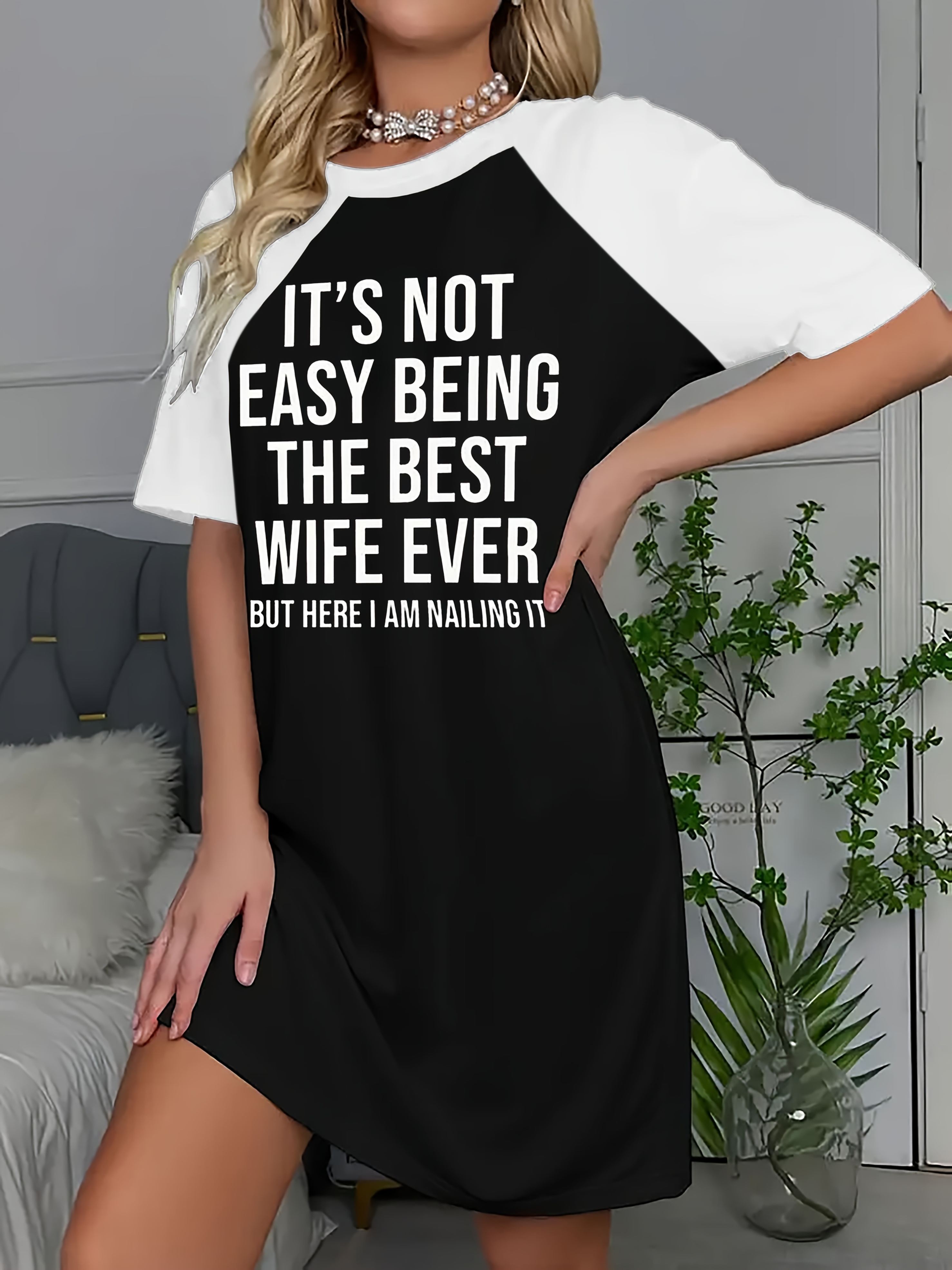 Hot Letter Printing Long Edition T-Shirt Sleeve Color Contrast Design Dress Black And White Color Printing - Image 2