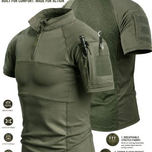 YKS JOOB Men's Tactical T-Shirt with Frog Suit System & 3/4 Zipper Stand Collar - Breathable Short-Sleeve Outdoor Shirt, Multi- & Arms Suitable for Camping, Hiking, Fishing, Running, Machine Washable Spring-Summer-Fall Gear