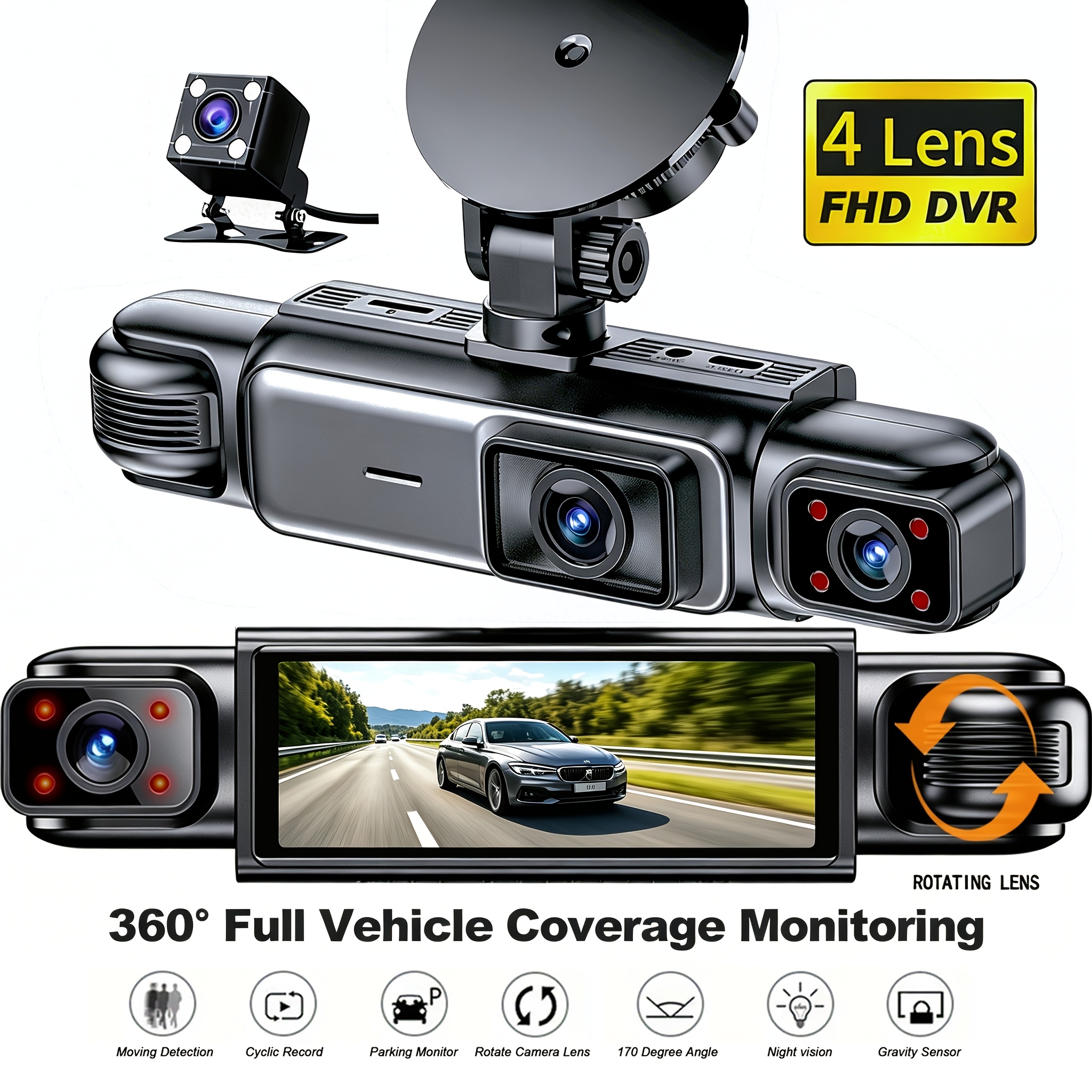 ETYMOOFOX 4-Channel Dash Cam for Cars with 3” IPS Screen, 1080P Front & 720P Rear/Driver/Side Cameras, Night Vision, Loop Recording, Parking Monitor System, Hardwire Kit Required Suitable for Vehicle Surveillance, Dashcam Accessories