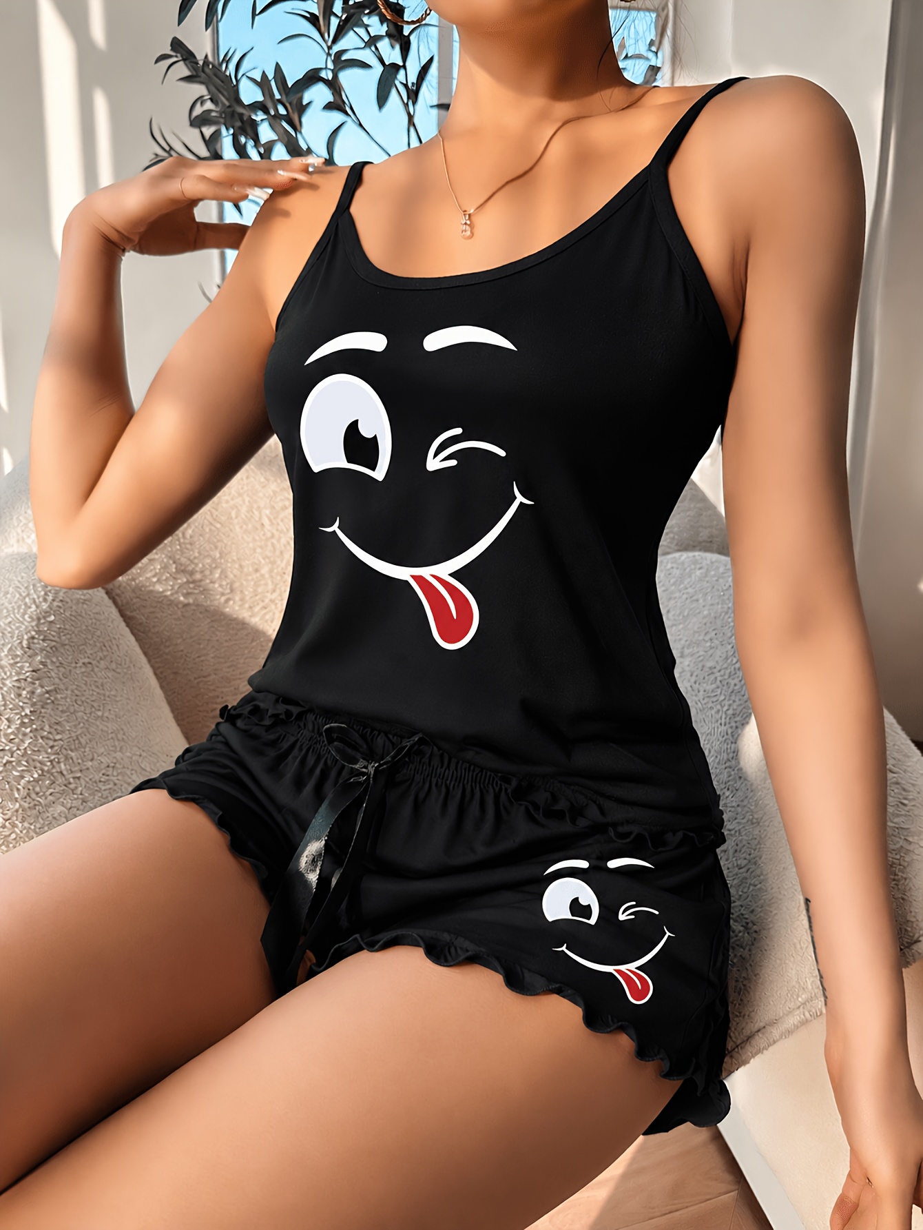 Women'S 2pcs Pajama Set, Smiling Face Theme Camisole Dress Set, Loose Comfortable Shoulder Strap Top, Elastic Fitted Ruffled Shorts, Essential for Spring And Summer Home Wear, Comfortable for All Seasons, Suitable for Home And Gifting - Image 3