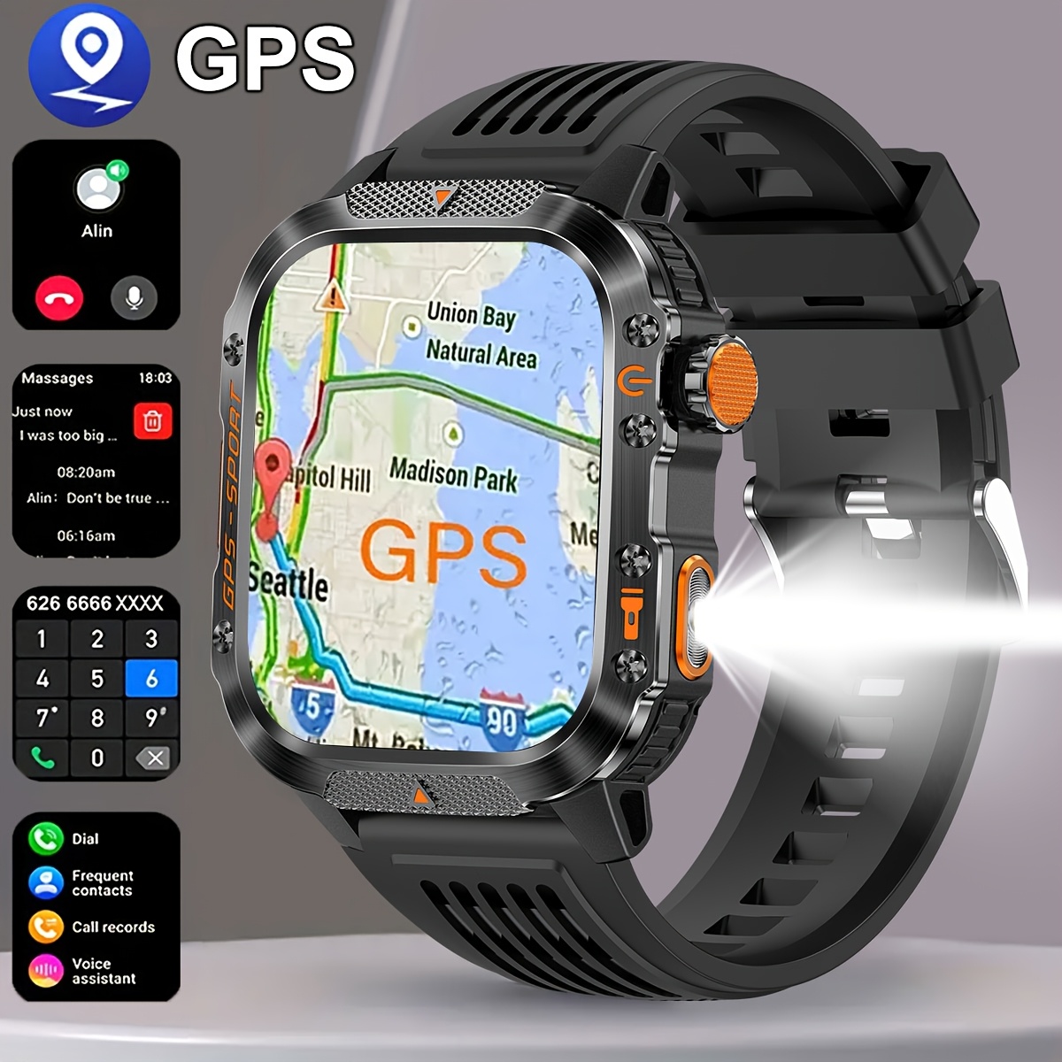 COANR New GPS Smart Watch for Men, 5.11cm Rugged Outdoor Sports Smartwatch with Wireless Call & Smart Notifications, Dual-Band GPS, Compass, LED Flashlight, 3ATM, Compatible with Iphone And Android - Image 6