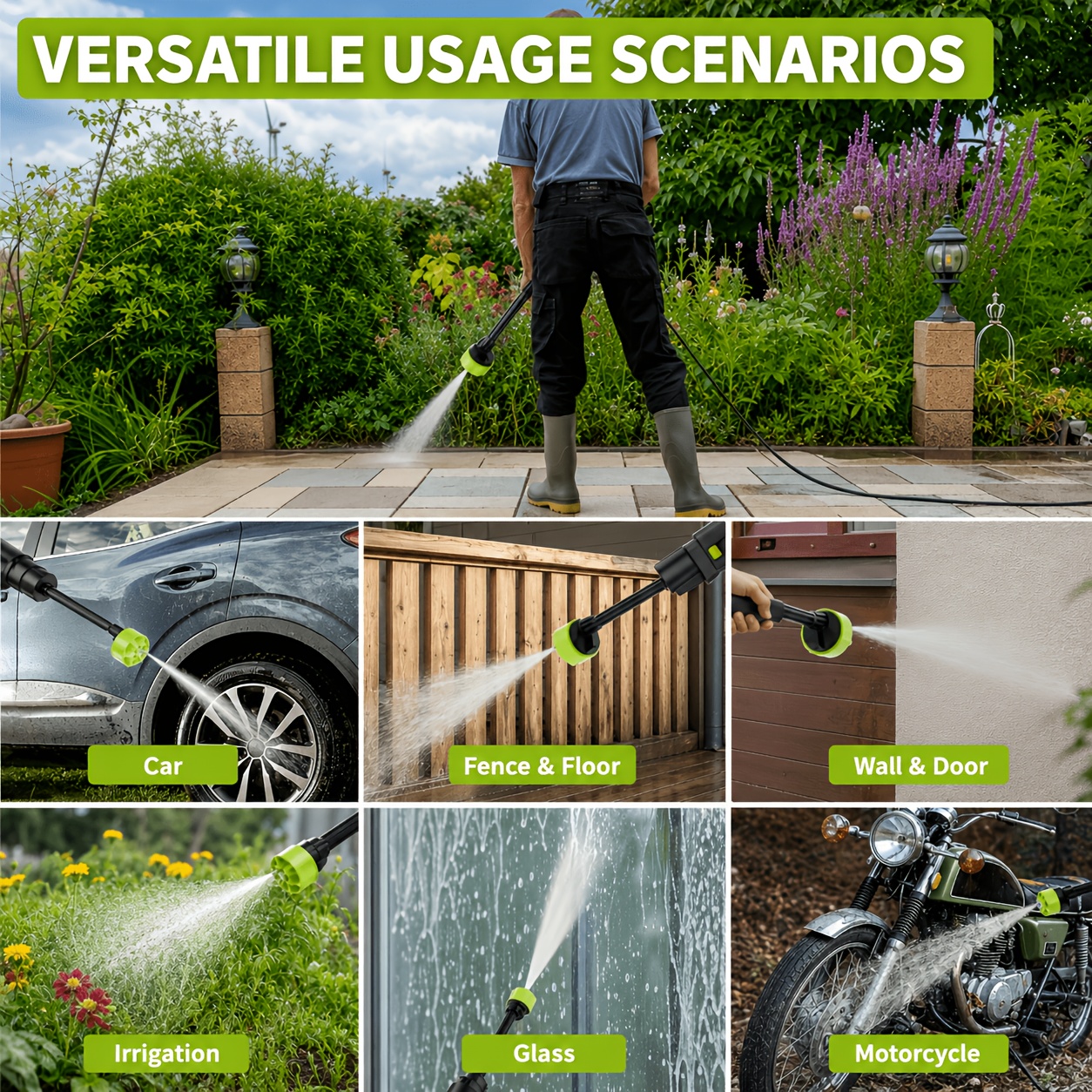 Cordless Pressure Washer Water Gun 1200 PSI | 30 Speed Levels 6-in-1 Nozzle | 7.32m High-Elastic Hose Handheld Rechargeable Lithium Battery - Image 8