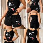 Women'S 2pcs Pajama Set, Smiling Face Theme Camisole Dress Set, Loose Comfortable Shoulder Strap Top, Elastic Fitted Ruffled Shorts, Essential for Spring And Summer Home Wear, Comfortable for All Seasons, Suitable for Home And Gifting