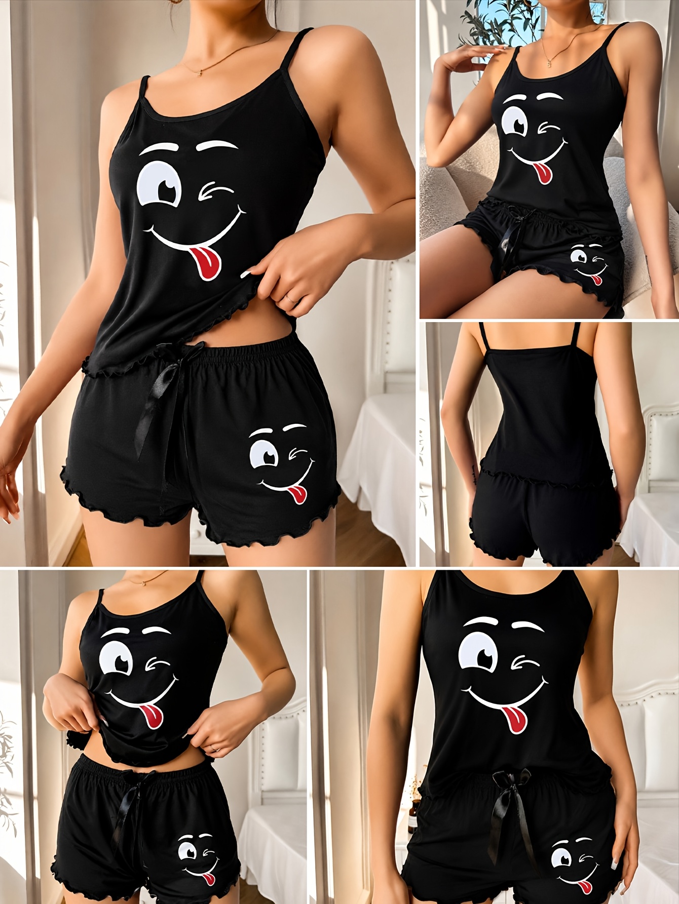Women'S 2pcs Pajama Set, Smiling Face Theme Camisole Dress Set, Loose Comfortable Shoulder Strap Top, Elastic Fitted Ruffled Shorts, Essential for Spring And Summer Home Wear, Comfortable for All Seasons, Suitable for Home And Gifting