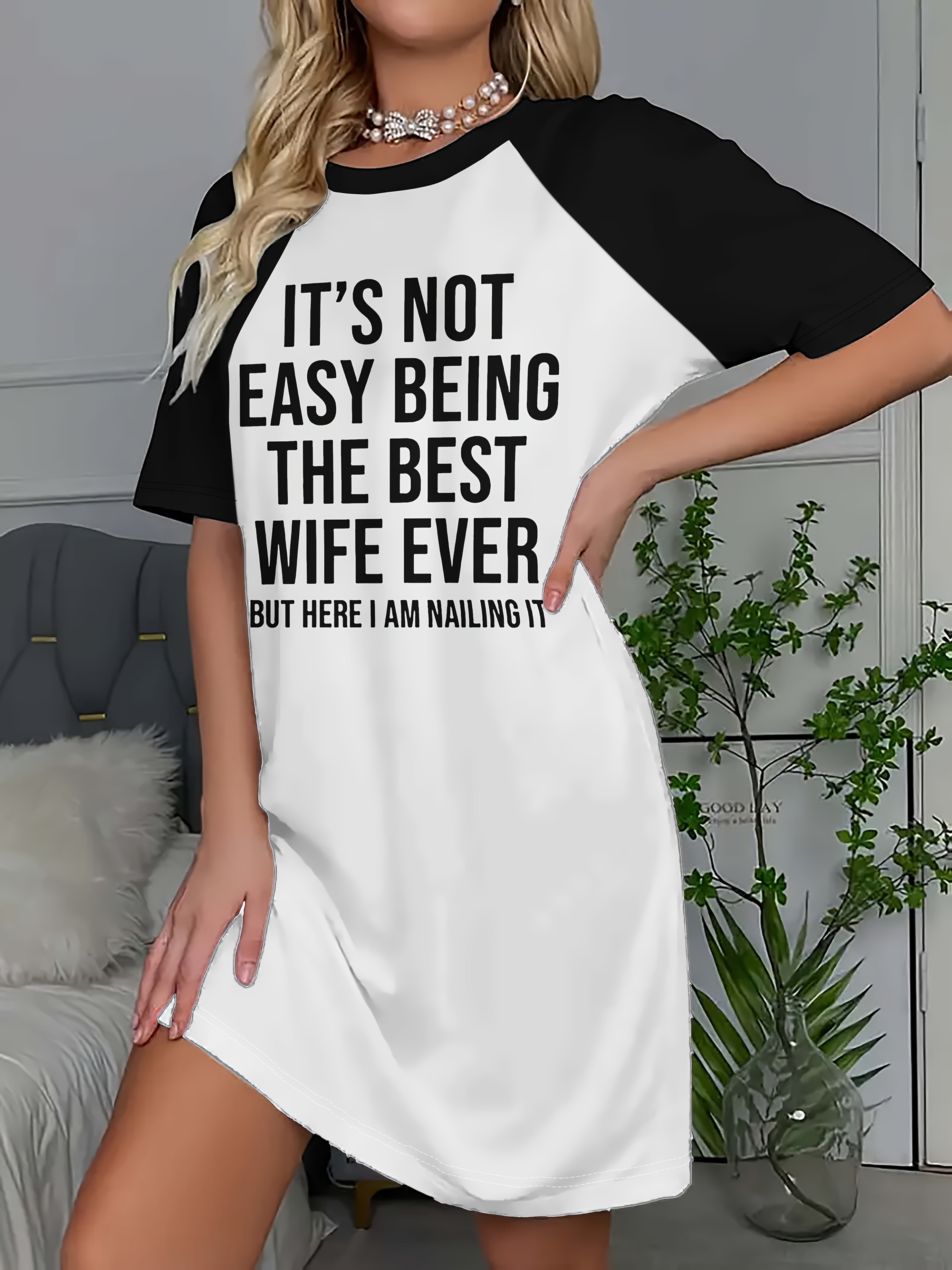 Hot Letter Printing Long Edition T-Shirt Sleeve Color Contrast Design Dress Black And White Color Printing - Image 4