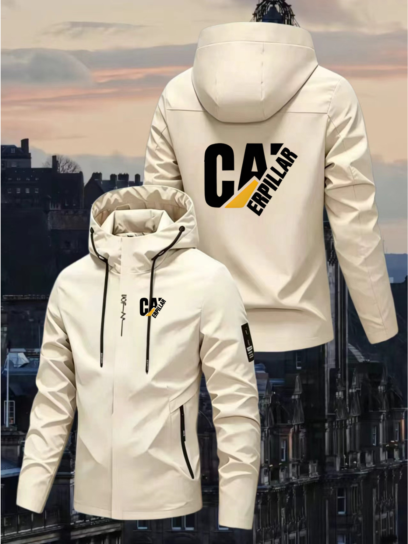 Sporty Hooded Zip-Up Jacket with CAERPILLAR Print, Suitable for Urban Casual Wear in Spring And Autumn. Features an Open-Collar Design, Ideal for Outdoor Activities, Fitness, Home, Work, And Campus Events. Unisex All-Season Windproof Hooded Jacket - Image 2