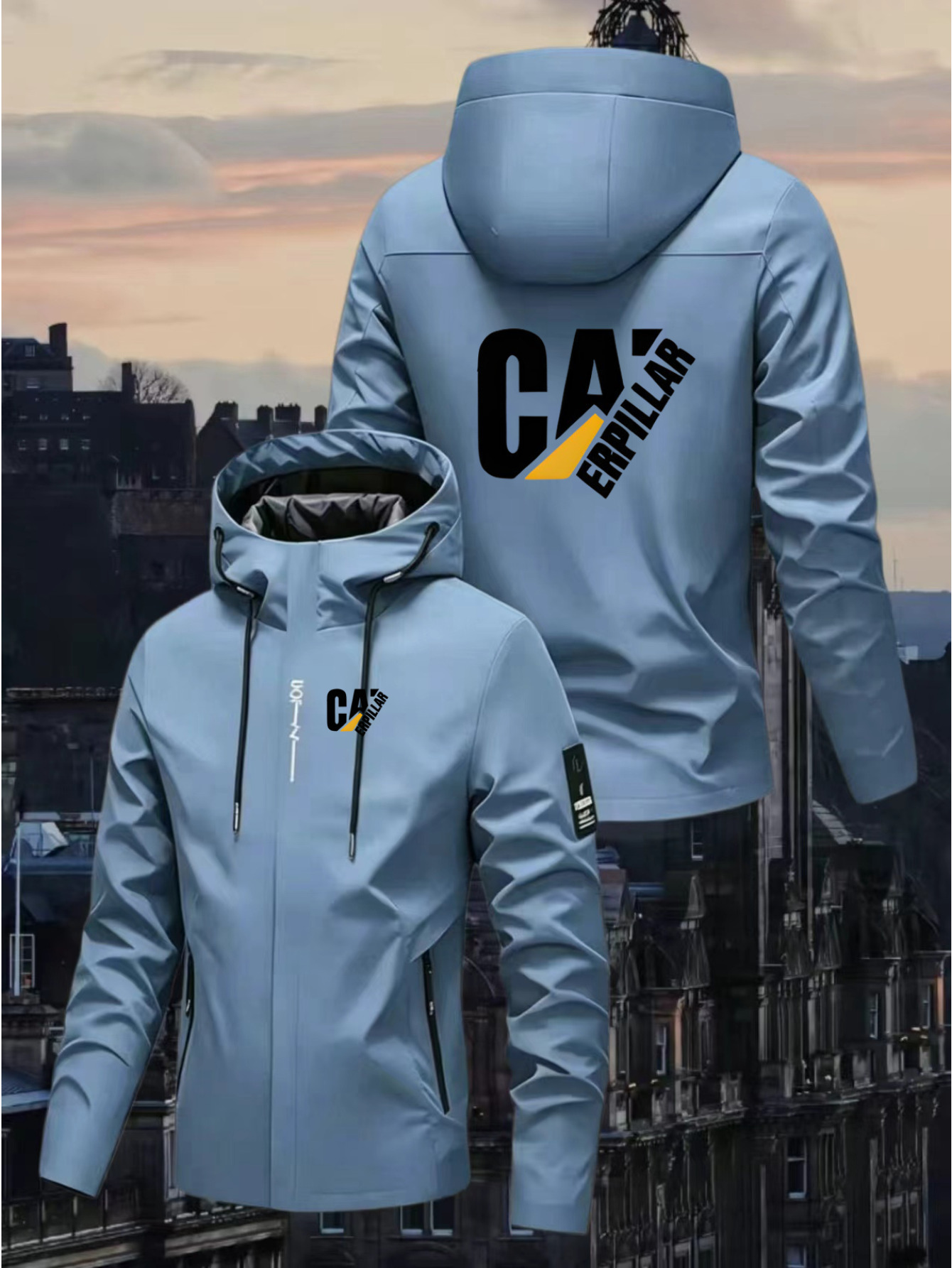 Sporty Hooded Zip-Up Jacket with CAERPILLAR Print, Suitable for Urban Casual Wear in Spring And Autumn. Features an Open-Collar Design, Ideal for Outdoor Activities, Fitness, Home, Work, And Campus Events. Unisex All-Season Windproof Hooded Jacket - Image 4