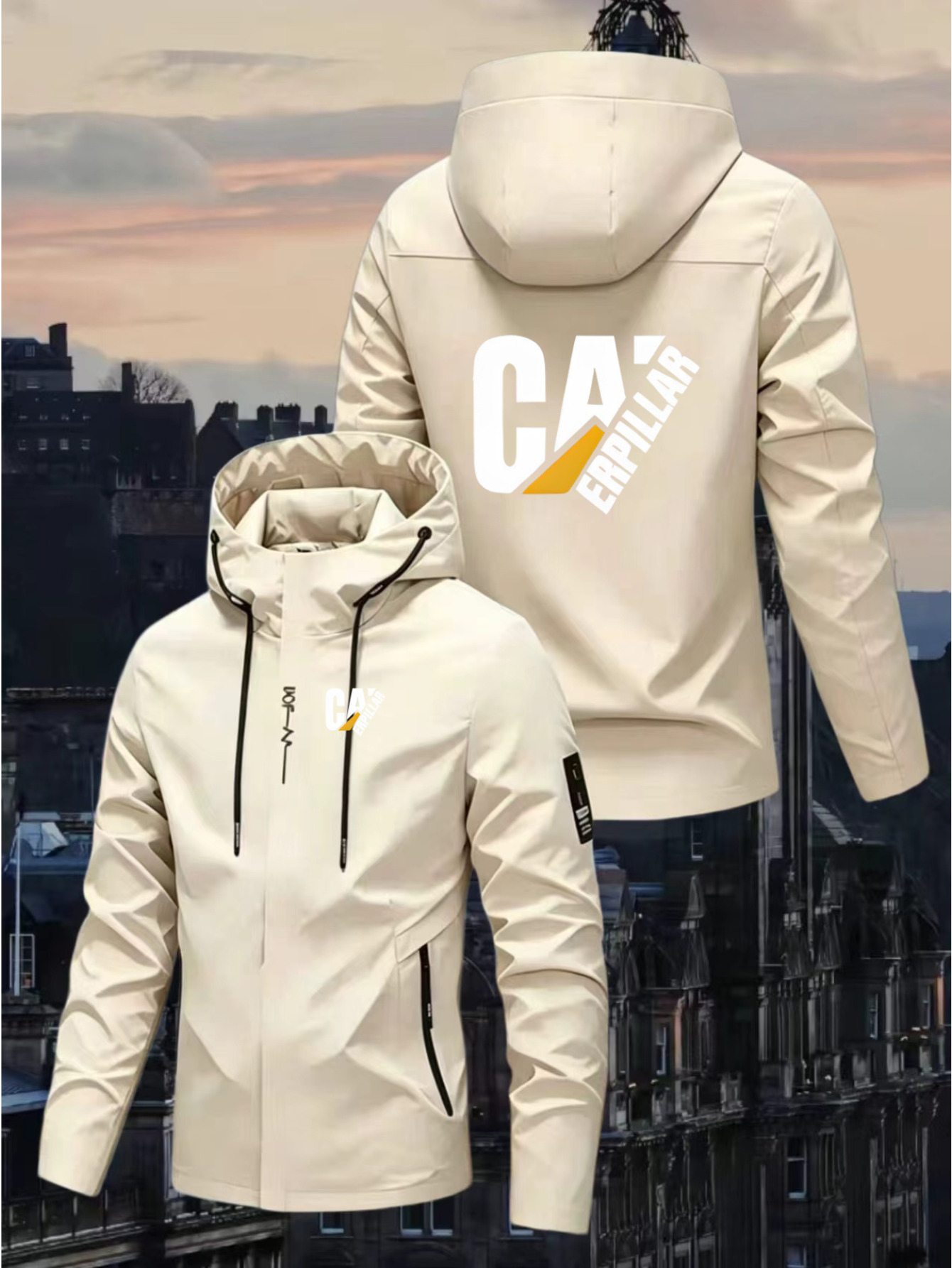 Sporty Hooded Zip-Up Jacket with CAERPILLAR Print, Suitable for Urban Casual Wear in Spring And Autumn. Features an Open-Collar Design, Ideal for Outdoor Activities, Fitness, Home, Work, And Campus Events. Unisex All-Season Windproof Hooded Jacket - Image 3