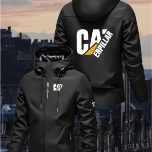 Sporty Hooded Zip-Up Jacket with CAERPILLAR Print, Suitable for Urban Casual Wear in Spring And Autumn. Features an Open-Collar Design, Ideal for Outdoor Activities, Fitness, Home, Work, And Campus Events. Unisex All-Season Windproof Hooded Jacket