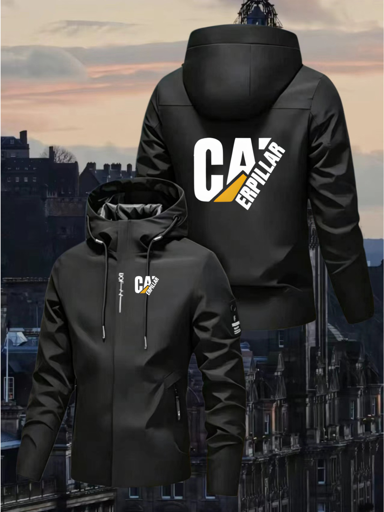 Sporty Hooded Zip-Up Jacket with CAERPILLAR Print, Suitable for Urban Casual Wear in Spring And Autumn. Features an Open-Collar Design, Ideal for Outdoor Activities, Fitness, Home, Work, And Campus Events. Unisex All-Season Windproof Hooded Jacket
