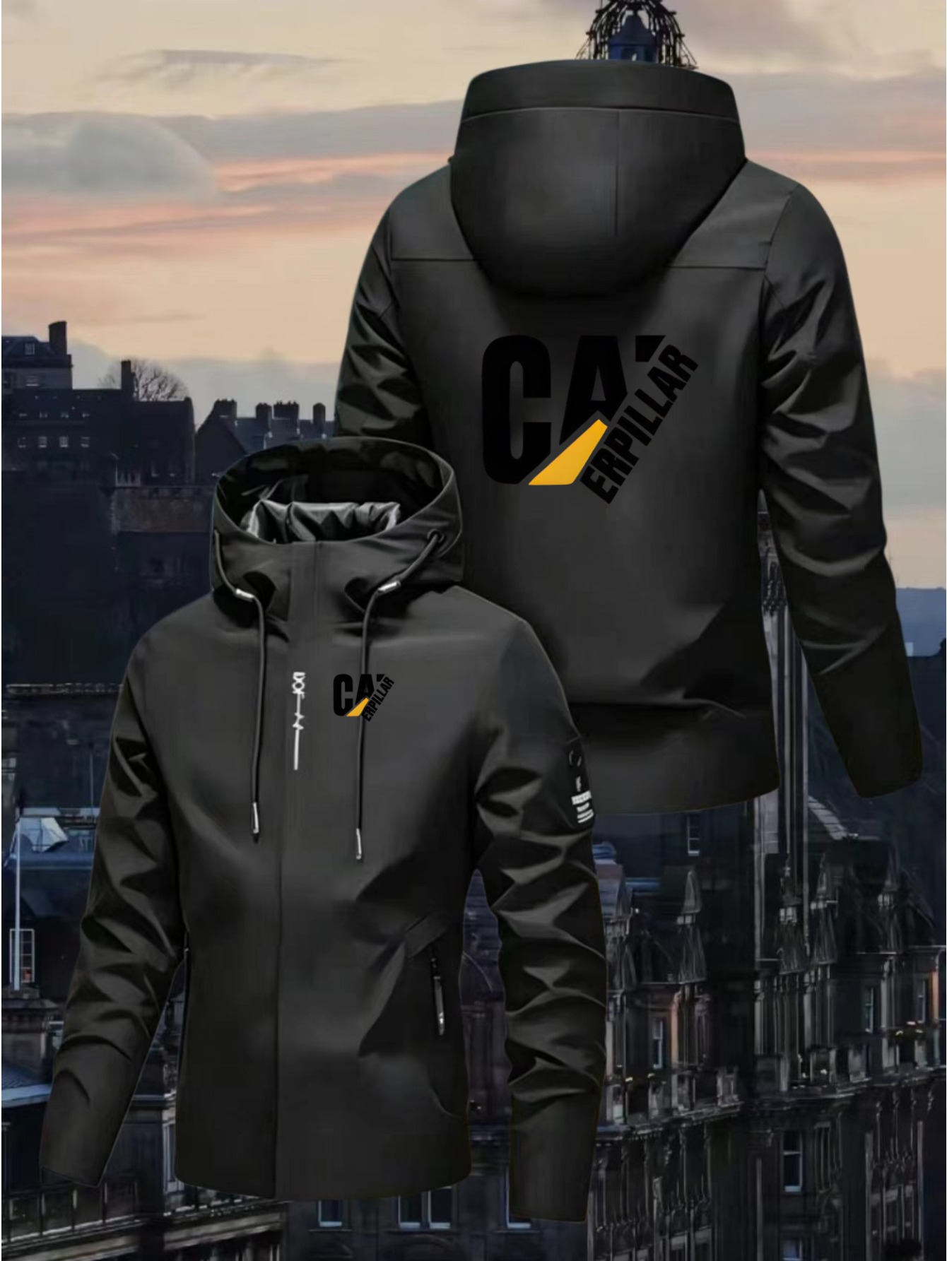 Sporty Hooded Zip-Up Jacket with CAERPILLAR Print, Suitable for Urban Casual Wear in Spring And Autumn. Features an Open-Collar Design, Ideal for Outdoor Activities, Fitness, Home, Work, And Campus Events. Unisex All-Season Windproof Hooded Jacket - Image 6